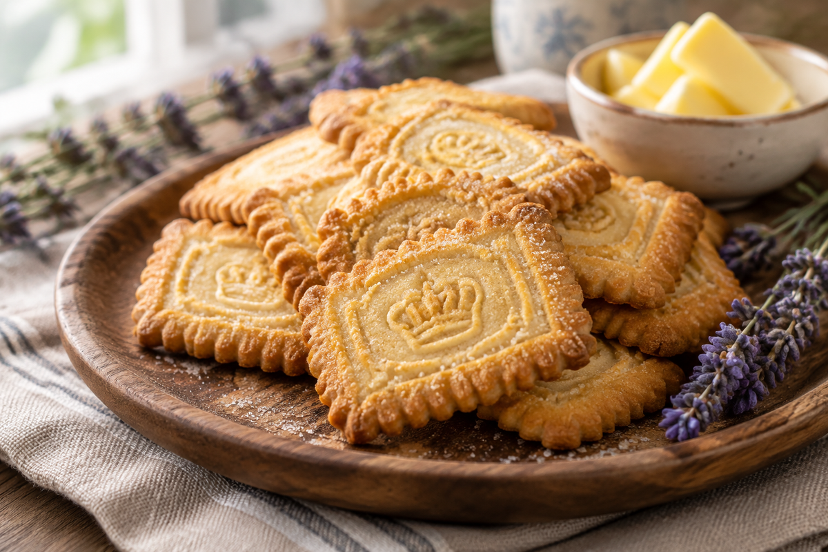 Golden crisp dänische butterkekse cookies stacked on rustic wooden plate with sugar dusting