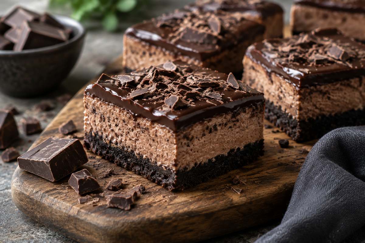Death-by-chocolate cheesecake bars with glossy ganache and chocolate shavings on rustic board, death-by-chocolate cheesecake