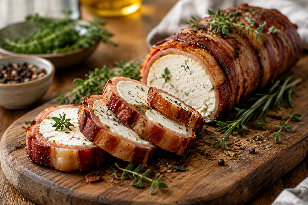 Sliced bacon goat cheese appetizer log garnished with fresh herbs and cracked pepper