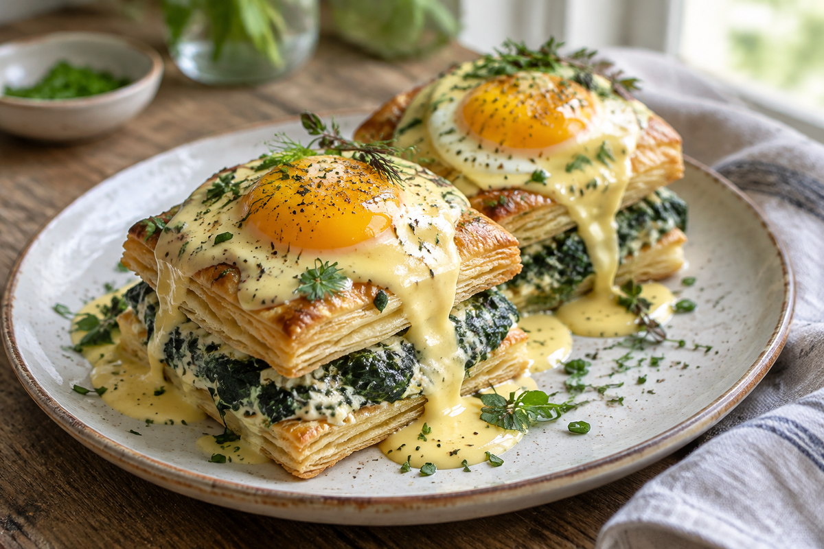 Plate of baked eggs napoleon with puff pastry, spinach, and hollandaise sauce in natural light