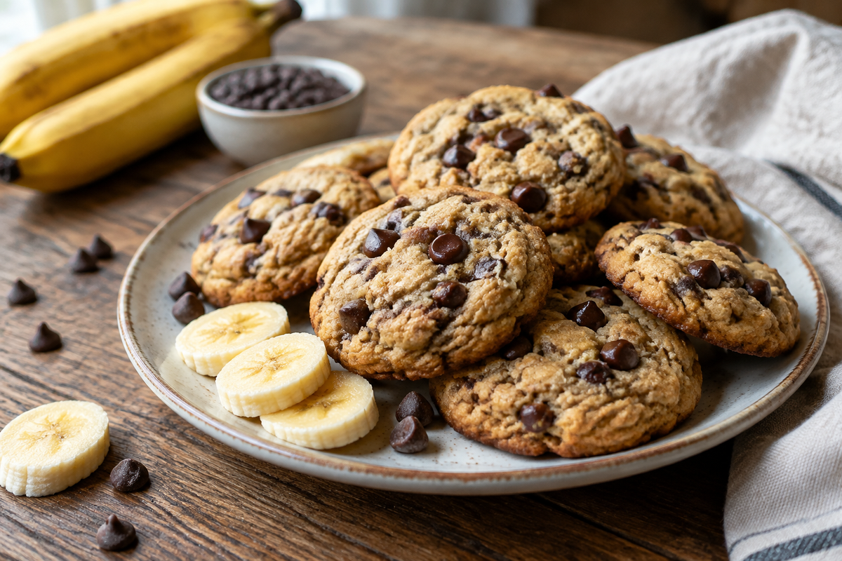 Plate of banana bread cookies loaded with chocolate chips on rustic wooden table