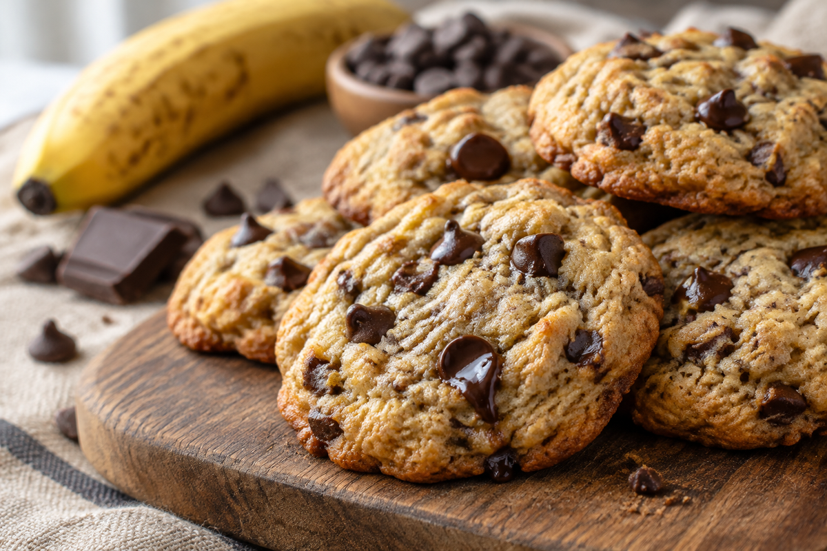 Decadent banana bread cookies with melty chocolate chips on a rustic wooden board