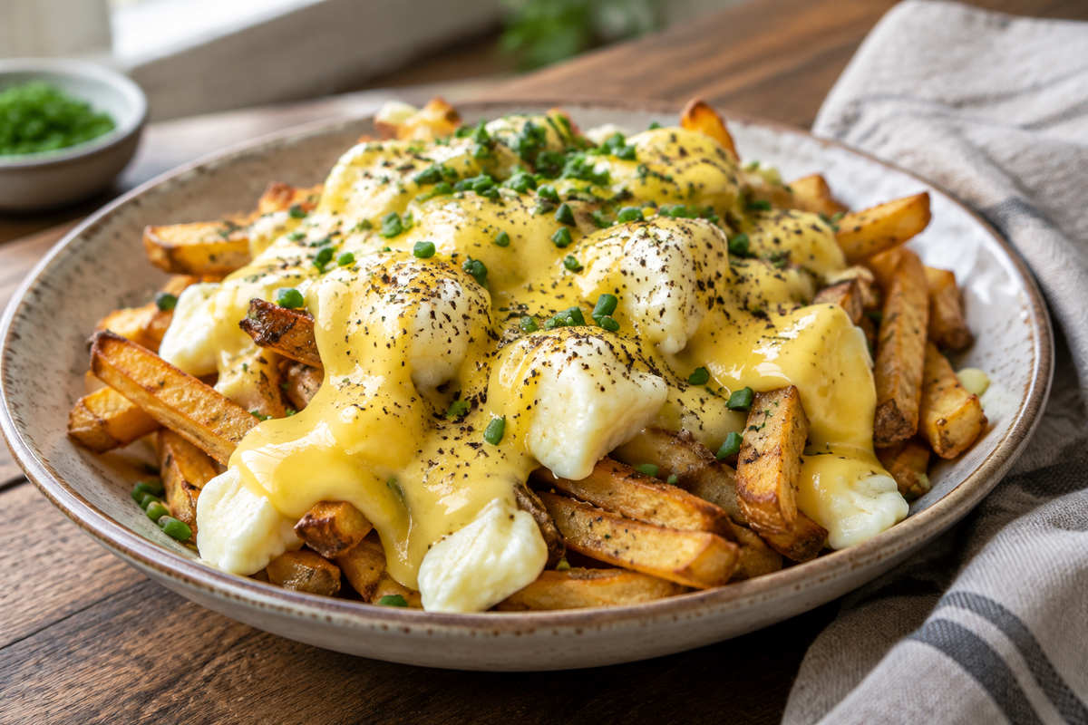 Decadent breakfast poutine topped with velvety hollandaise sauce and fresh chives