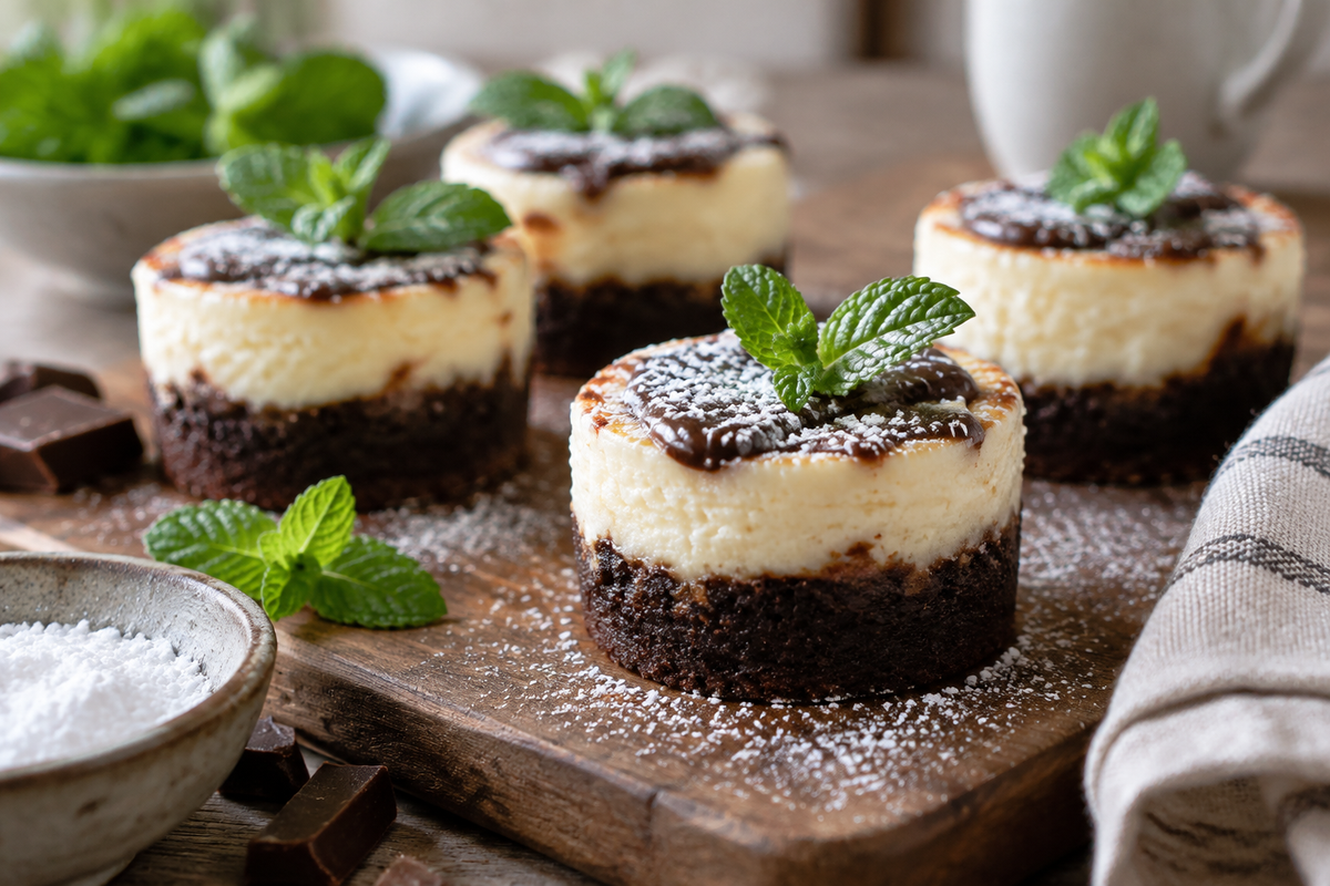 Mini brownie bottom cheesecakes with creamy tops and powdered sugar garnish, brownie bottom cheesecakes dessert