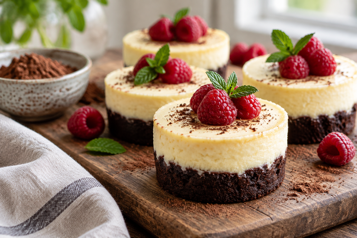 Brownie bottom mini cheesecakes with creamy tops and fresh raspberry garnish in natural light