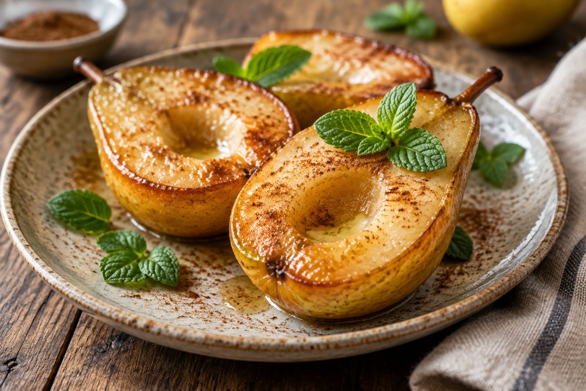 Buttery roasted pears with a hint of cinnamon served on a rustic plate with fresh mint garnish