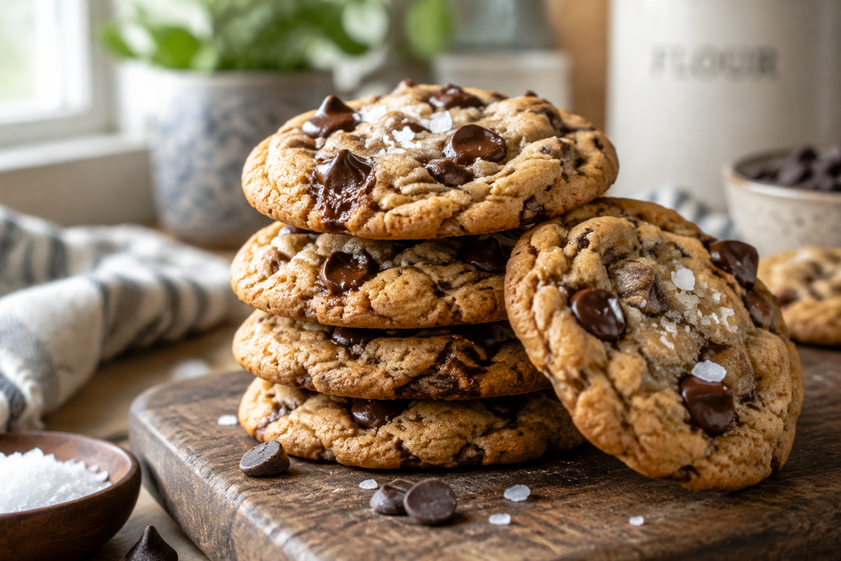 Stack of decadent chewy chocolate chip cookies with gooey chocolate chips and sea salt flakes
