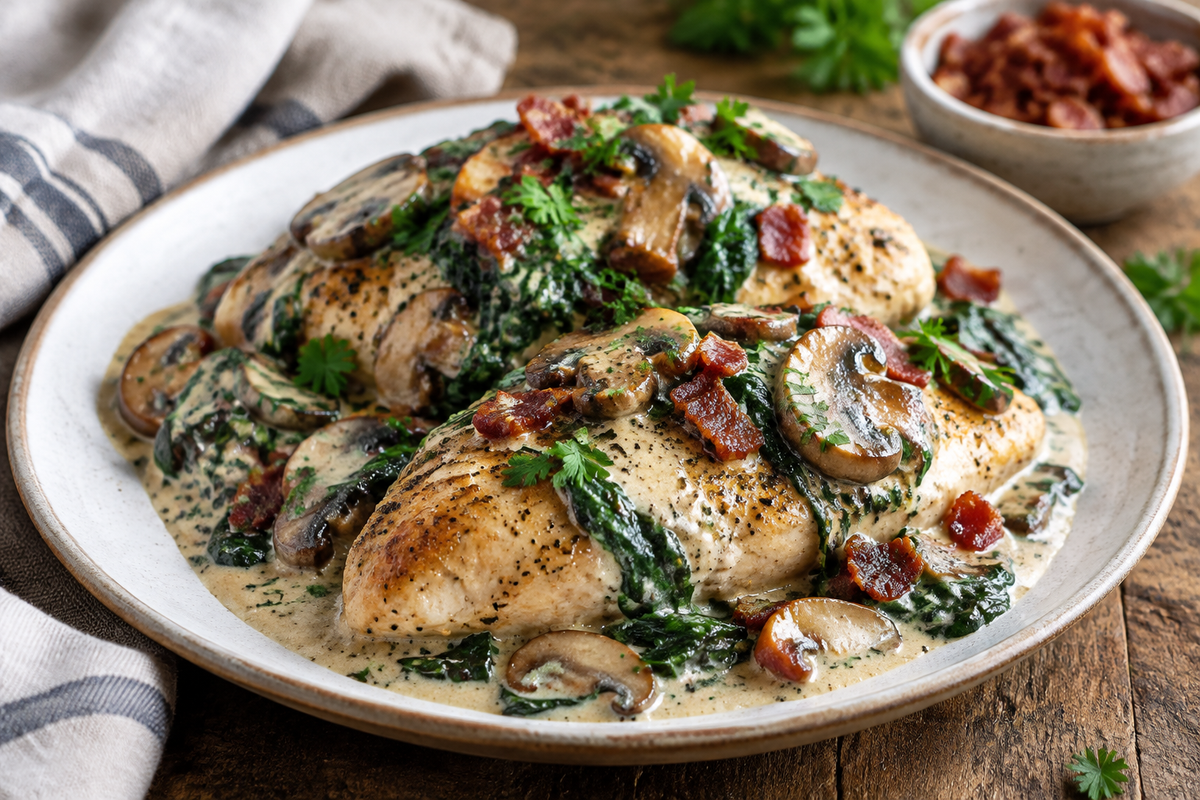 Creamy spinach chicken smothered in bacon and mushrooms on a rustic plate with fresh parsley garnish