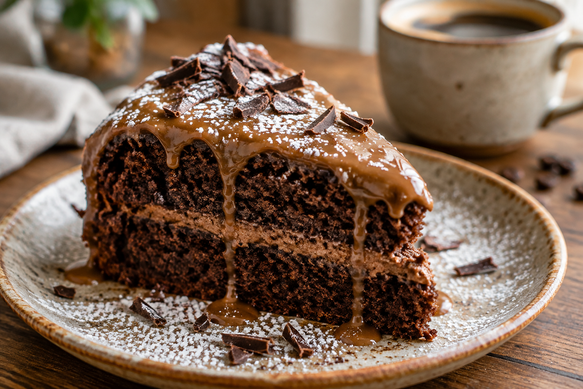 Moist chocolate coffee cake slice with coffee glaze and chocolate shavings, showcasing chocolate coffee cake