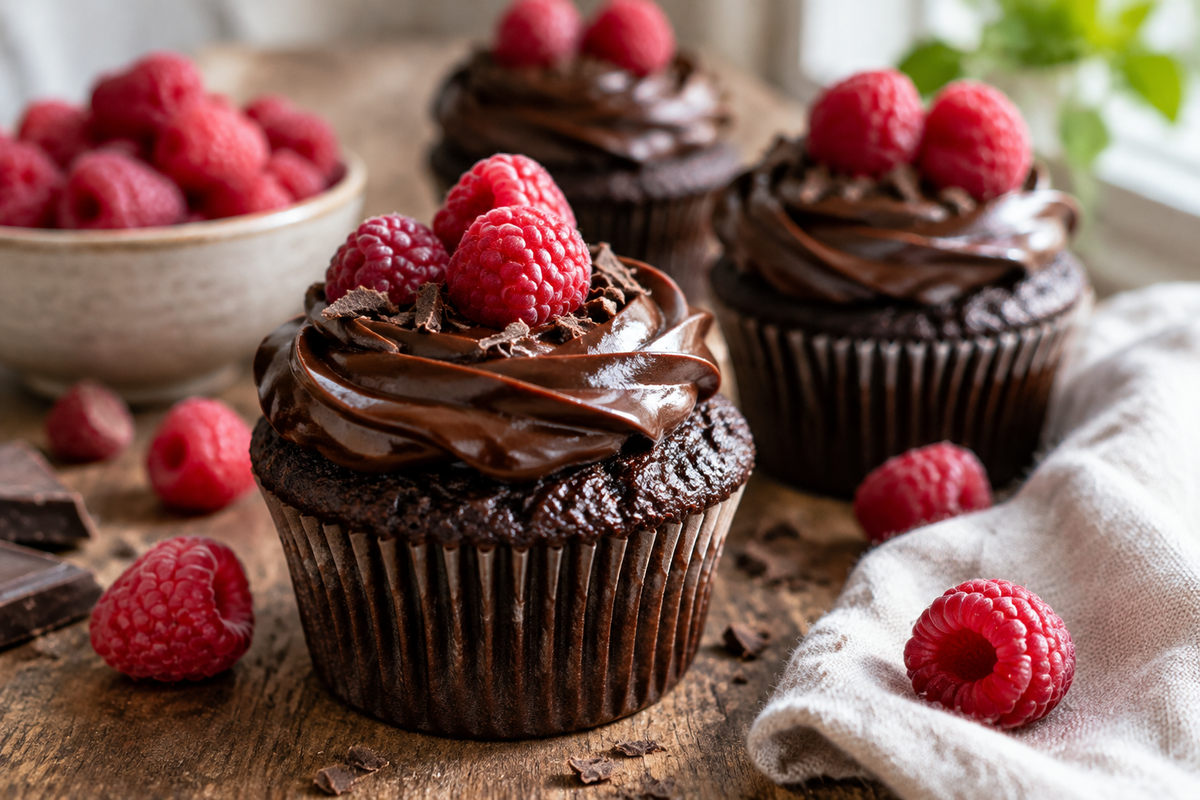 Chocolate raspberry cupcakes with rich frosting and fresh raspberries on rustic surface, chocolate raspberry cupcakes