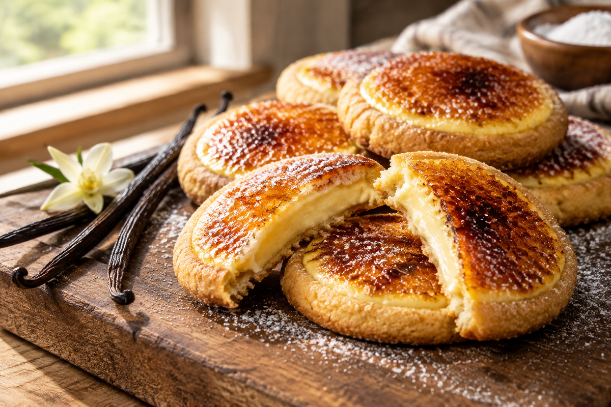Golden crème brûlée cookies with caramelized tops and creamy centers on rustic wooden board, crème brûlée cookies