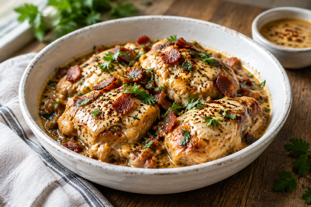 Mississippi Mud Chicken in a rustic bowl garnished with parsley and spices, showcasing the rich mississippi mud chicken flavors