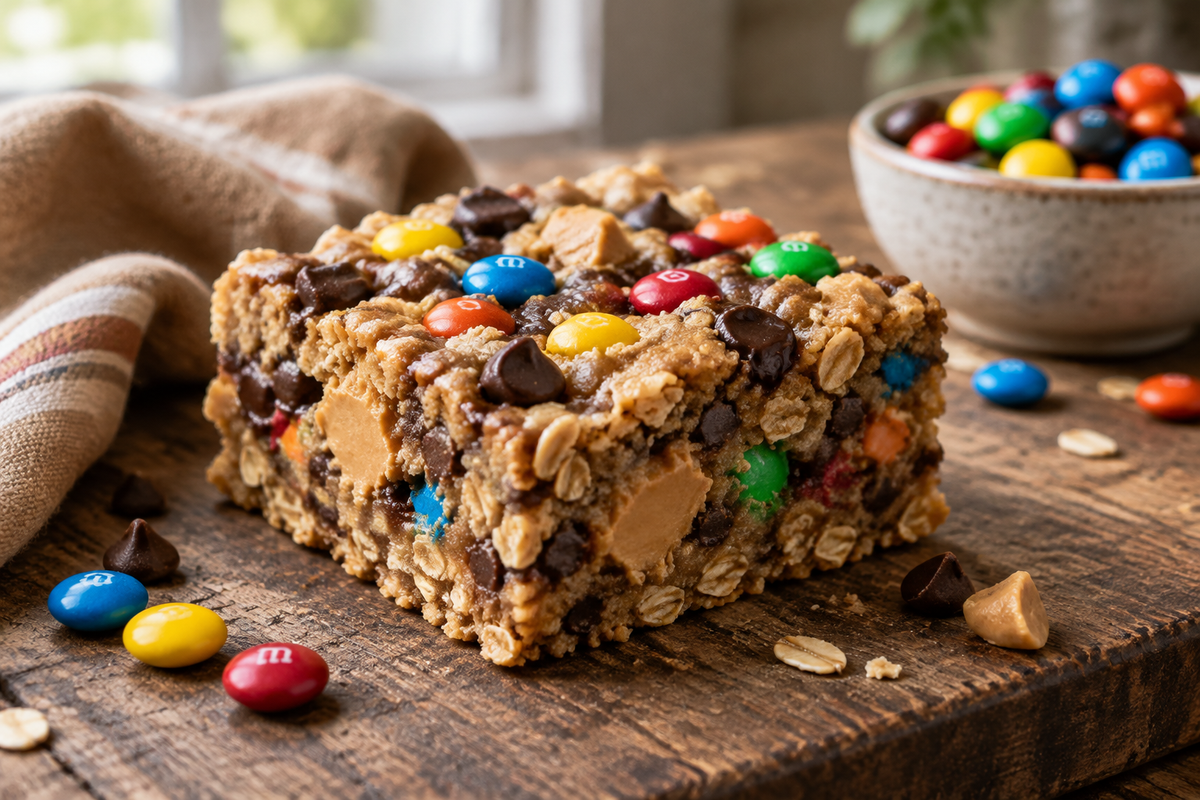 Chewy monster cookie bars with colorful candies and oats, showing rich texture and flavor