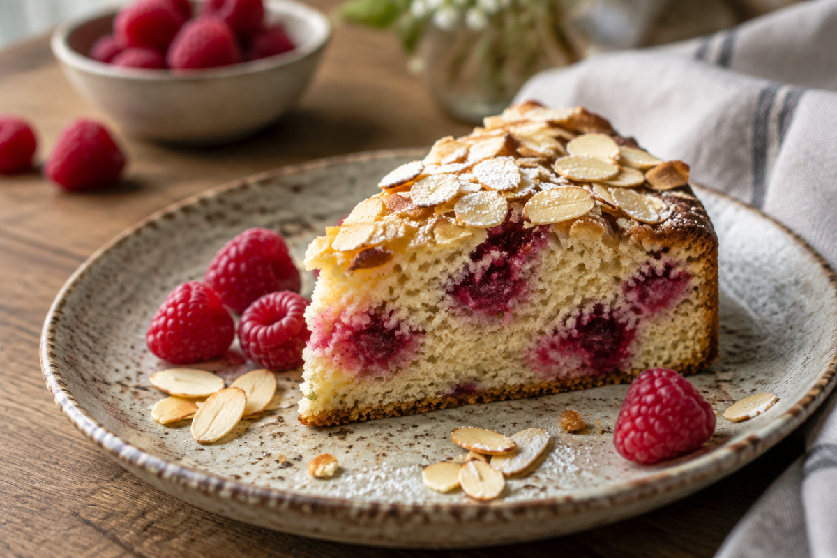 Slice of raspberry almond cake garnished with fresh raspberries and almond slivers, the perfect cake idea