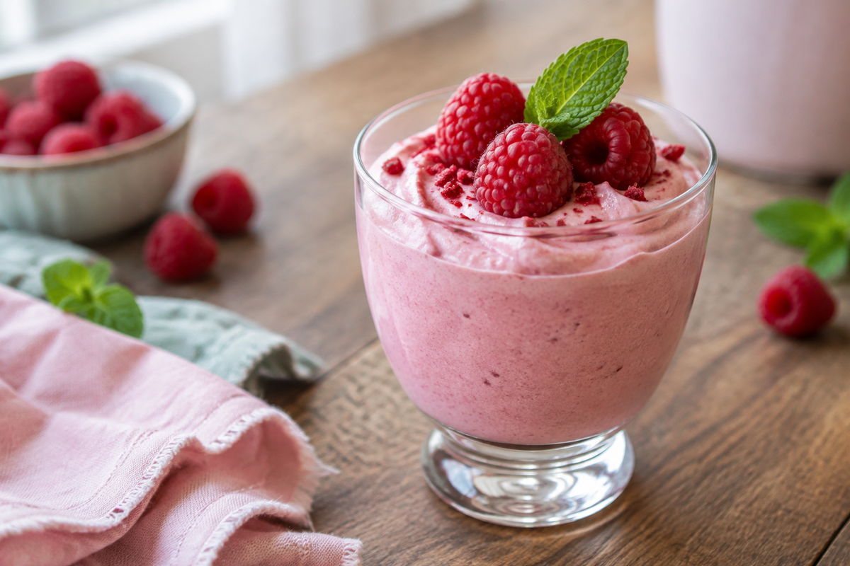 Decadent raspberry mousse in a glass garnished with fresh raspberries and mint leaf, raspberry mousse dessert
