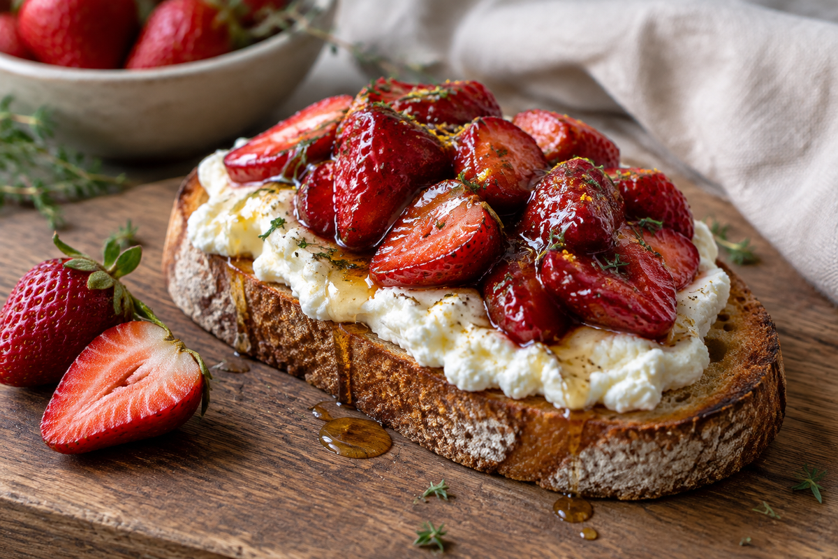 Whipped ricotta toast topped with roasted strawberries and honey drizzle, a sweet delight