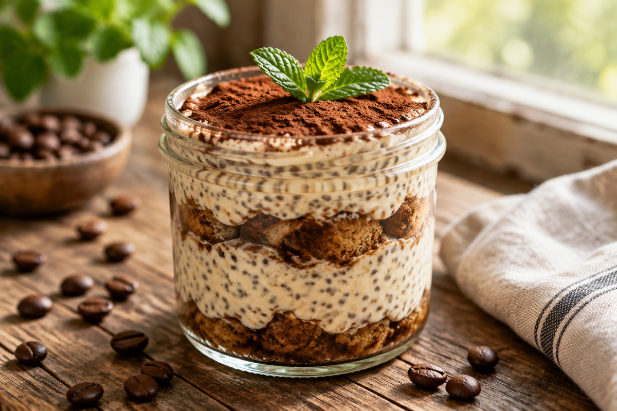 Creamy tiramisu chia pudding topped with cocoa powder and mint garnish in a glass jar