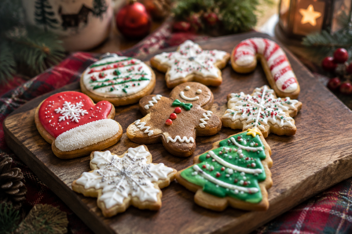 Decorated Christmas cookies with colorful icing and sprinkles on a wooden board, festive holiday treat
