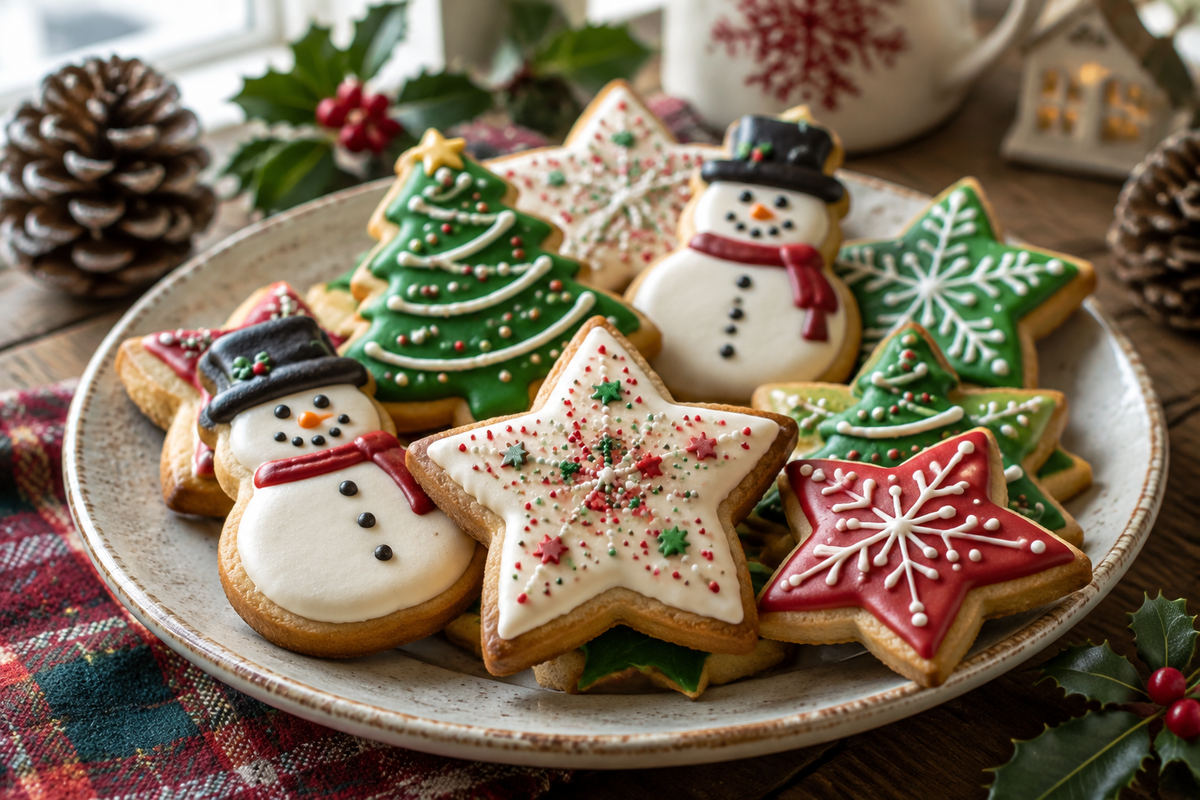 Plate of decorated Christmas cookies with colorful icing and sprinkles, showcasing decorated christmas cookies