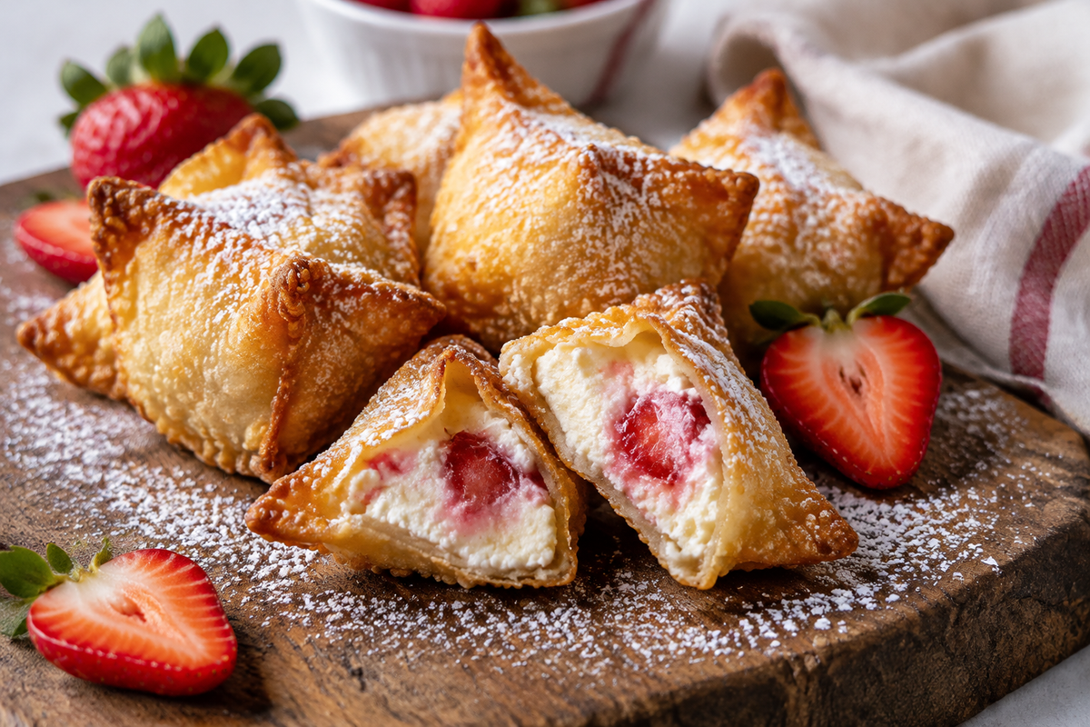 Deep fried strawberry cheesecake stuffed wonton bites with powdered sugar and fresh strawberries