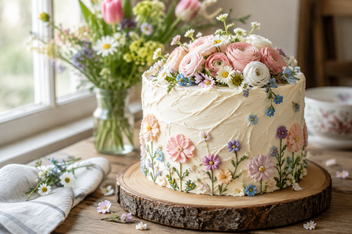 Floral spring cake with airy frosting and pastel flowers, perfect floral spring cake