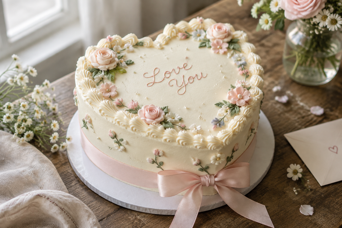 Love letter cake with soft cream tones and gentle floral details decorated with a pink ribbon
