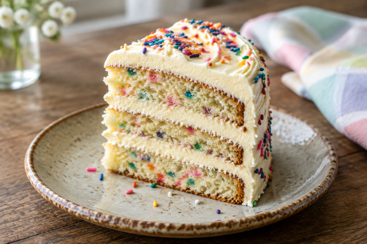 Slice of moist 34k views cake with creamy frosting and sprinkles on rustic plate