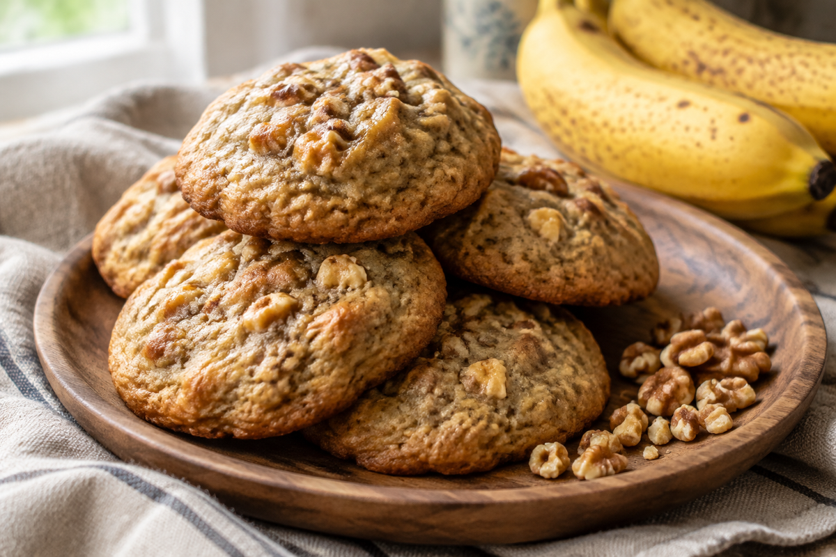 Stack of soft banana bread cookies with walnuts, showcasing banana bread cookies texture and golden color