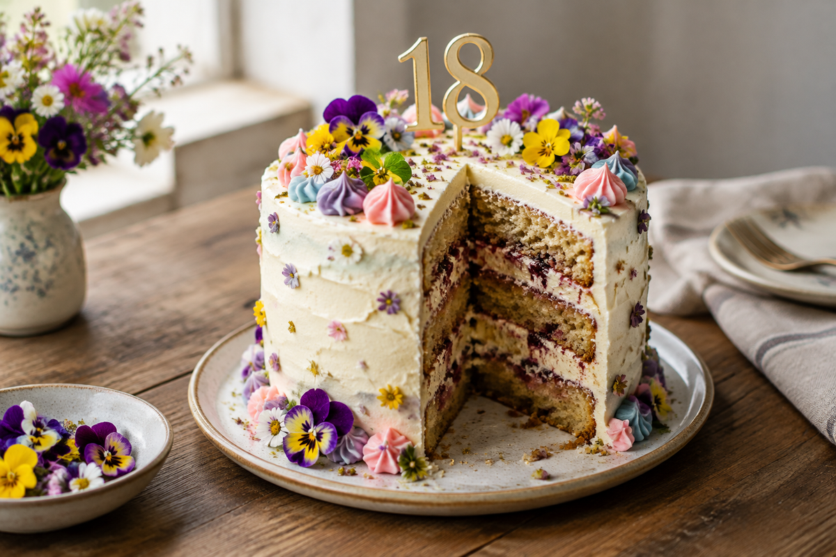Close-up of a decorated bolos de 18 anos cake with pastel frosting and edible flowers