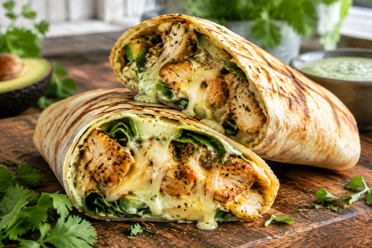 Delicious chicken wraps with cheese garlic and avocado ranch on rustic wooden table