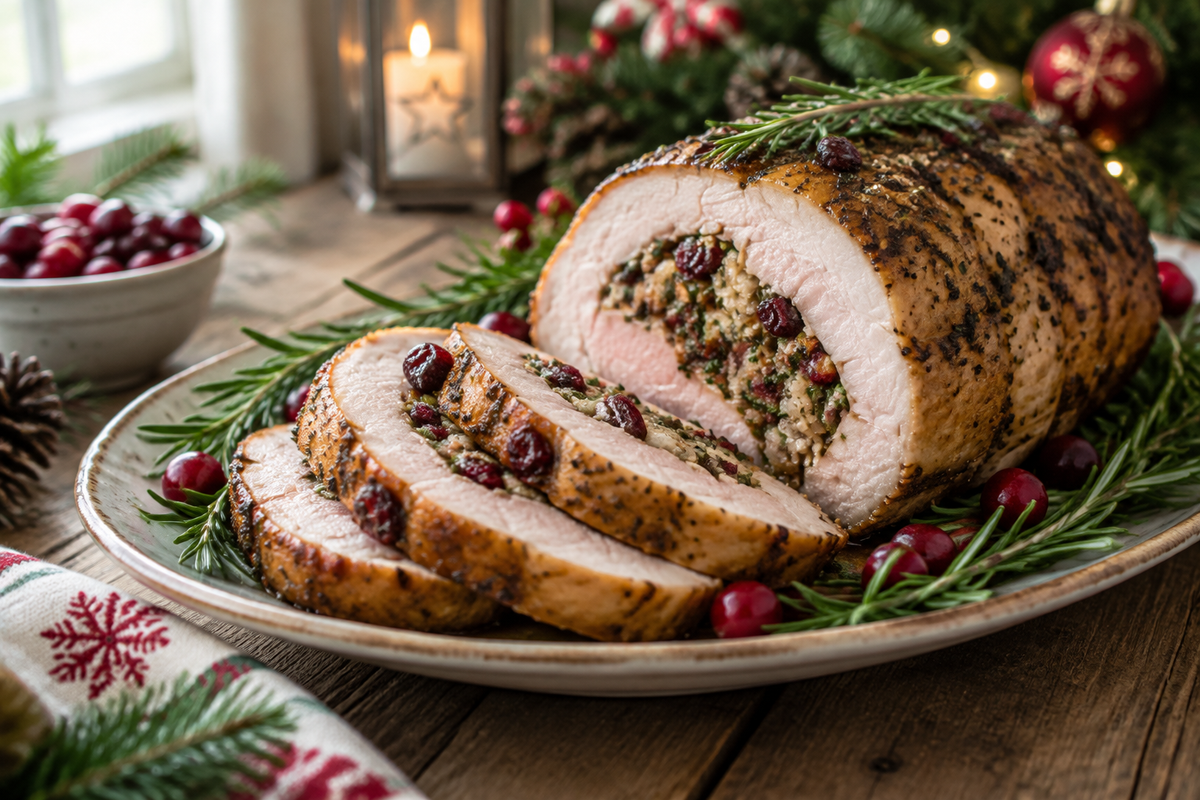 Christmas stuffed pork roast sliced with herb and cranberry stuffing on a rustic plate