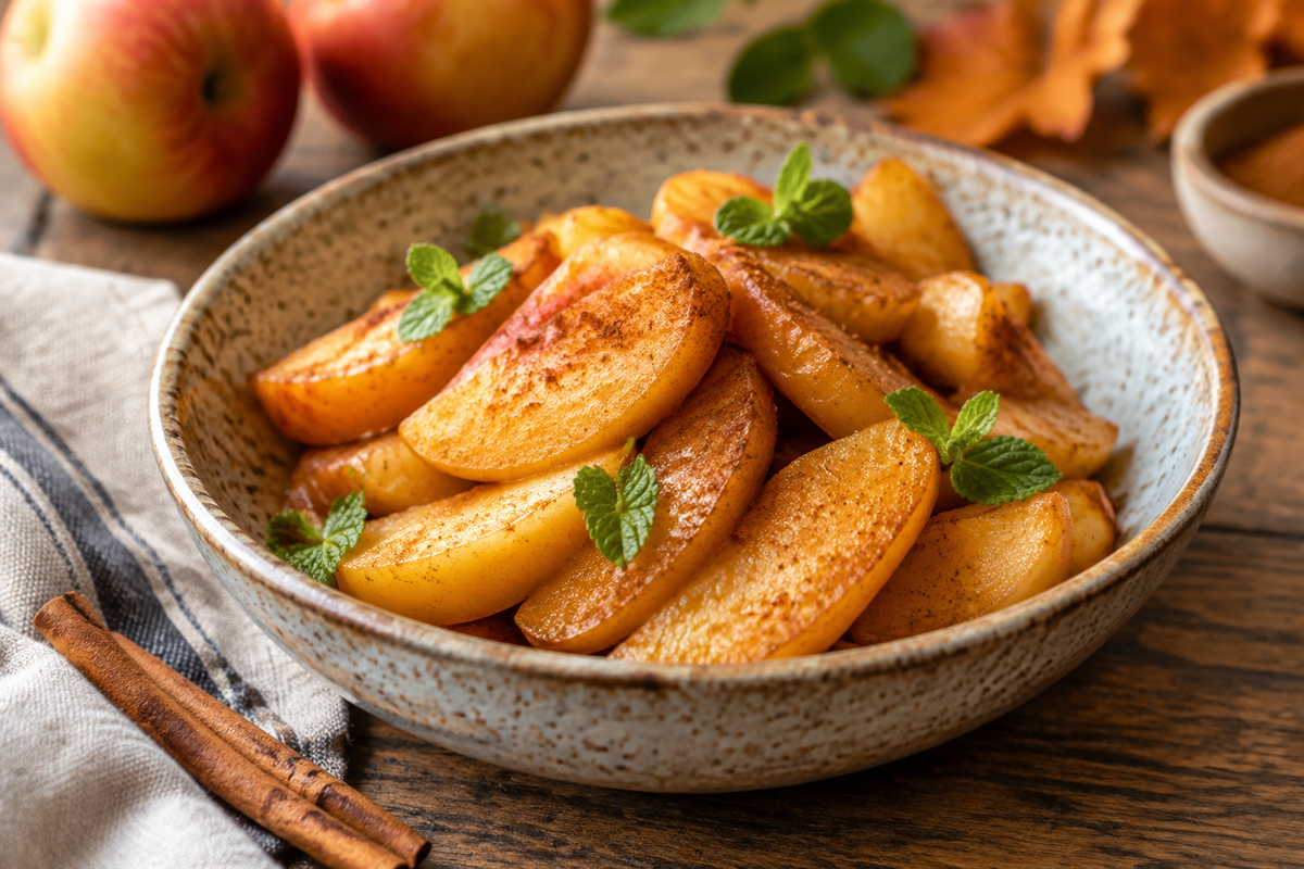 Golden tender air fryer apples in a ceramic bowl garnished with cinnamon and mint leaves