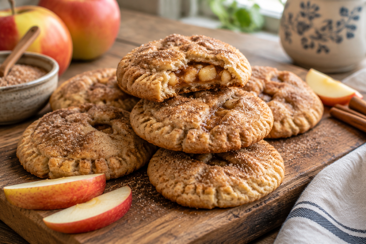 Freshly baked apple pie cookies with cinnamon sugar on rustic wooden board