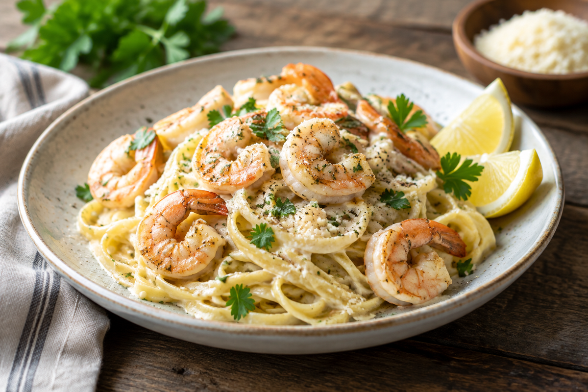 Creamy shrimp pasta plated with parsley garnish and lemon wedges, showcasing shrimp pasta dish