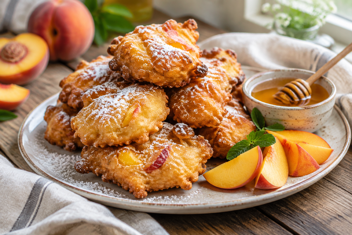 Golden fresh peach fritters with powdered sugar and peach slices, fresh peach fritters on a rustic plate