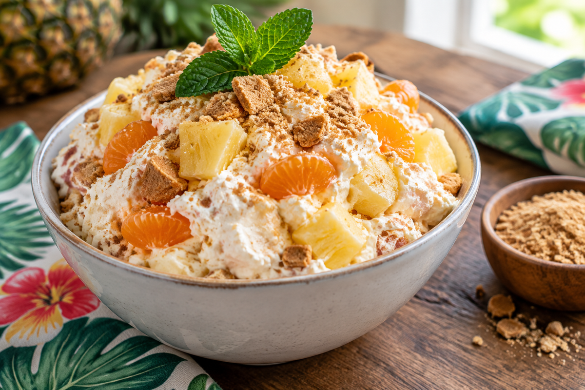 Hawaiian cheesecake salad with pineapple and mandarin oranges in a bowl, creamy and garnished with mint