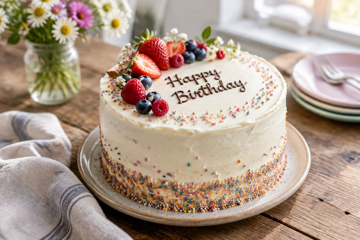 moist birthday cake with creamy frosting and colorful sprinkles on rustic wooden table