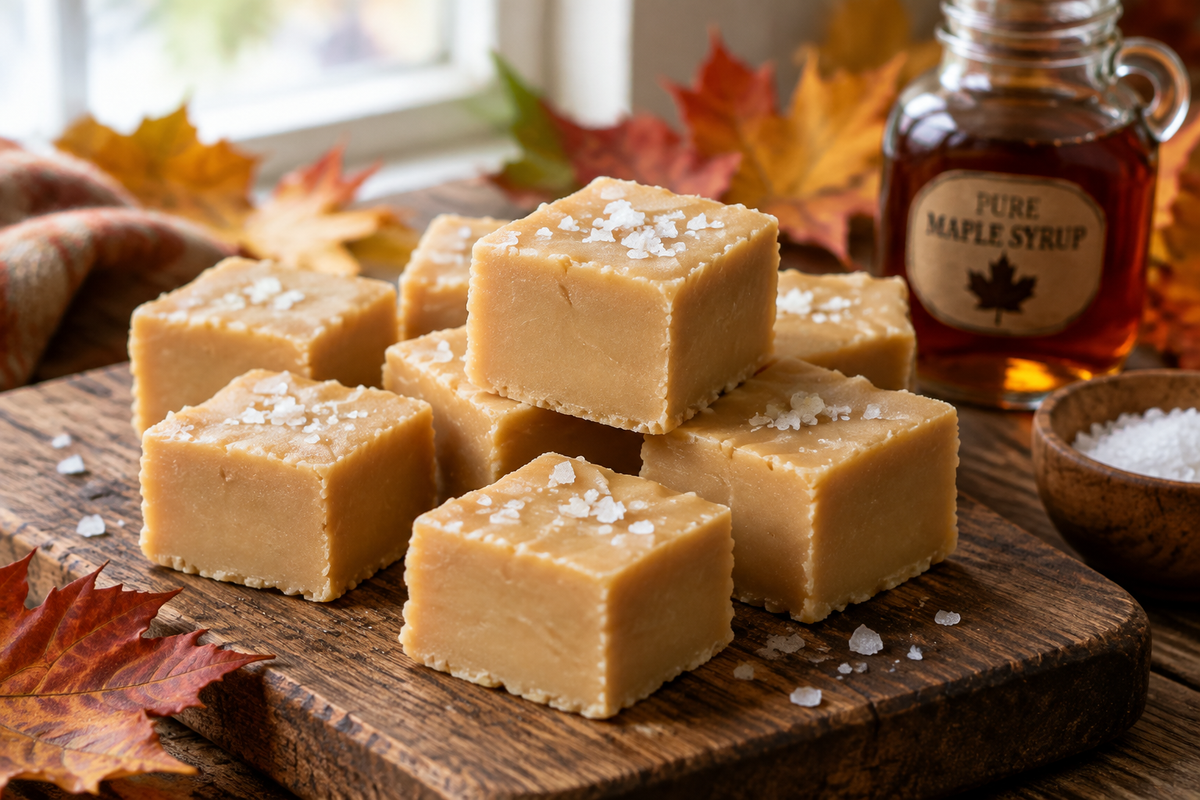Close-up of creamy maple fudge squares sprinkled with sea salt showcasing rich maple fudge texture