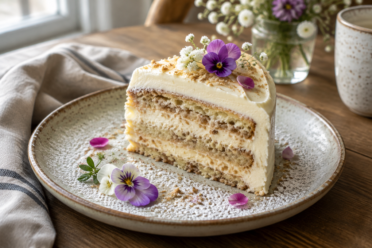Slice of Komu Nezhnosti Kusochek cake with creamy frosting and light garnish on rustic plate