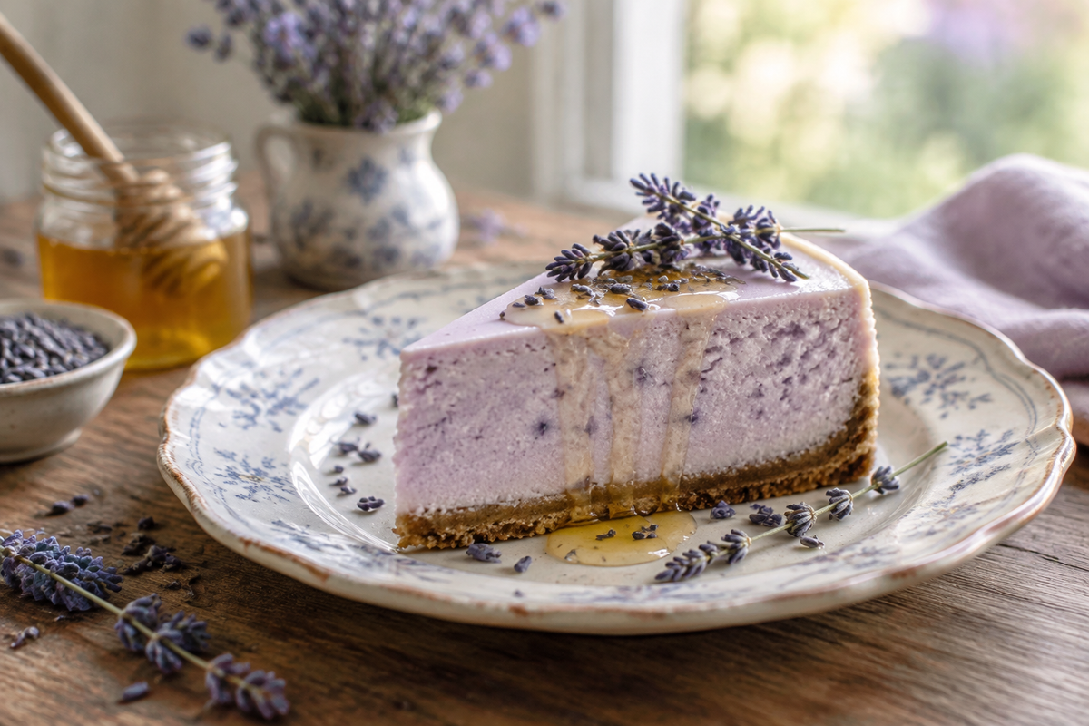 Slice of lavender cheesecake garnished with lavender sprigs, showcasing the lavender cheesecake recipe