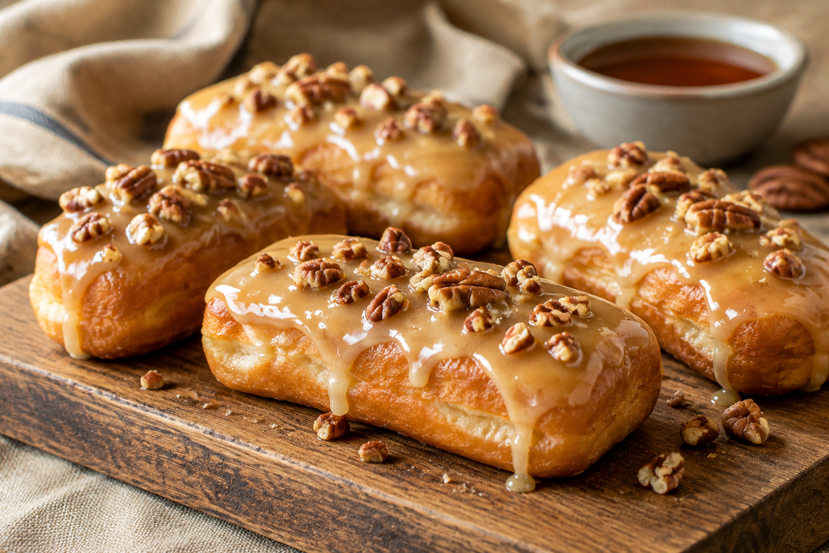 Freshly baked maple donut bars with shiny maple glaze and pecan garnish on rustic board