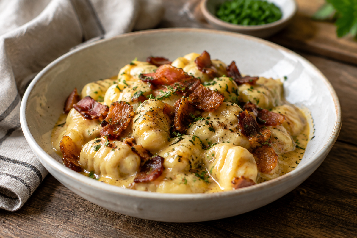 Creamy millionaire gnocchi in a bowl garnished with bacon and herbs, showcasing millionaire gnocchi comfort food