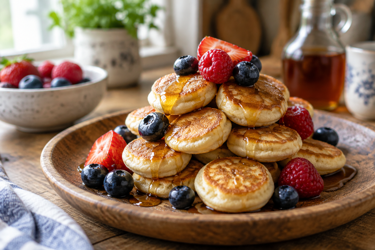 Golden mini pancake bites stacked on plate with berries and maple syrup, showcasing mini pancake bites