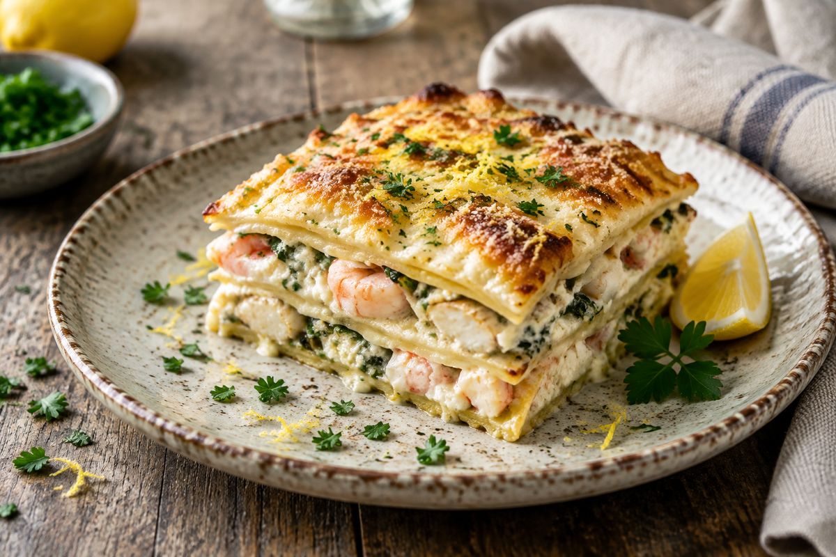 Delicious seafood lasagna slice with creamy sauce and golden cheese crust, perfect seafood lasagna dish