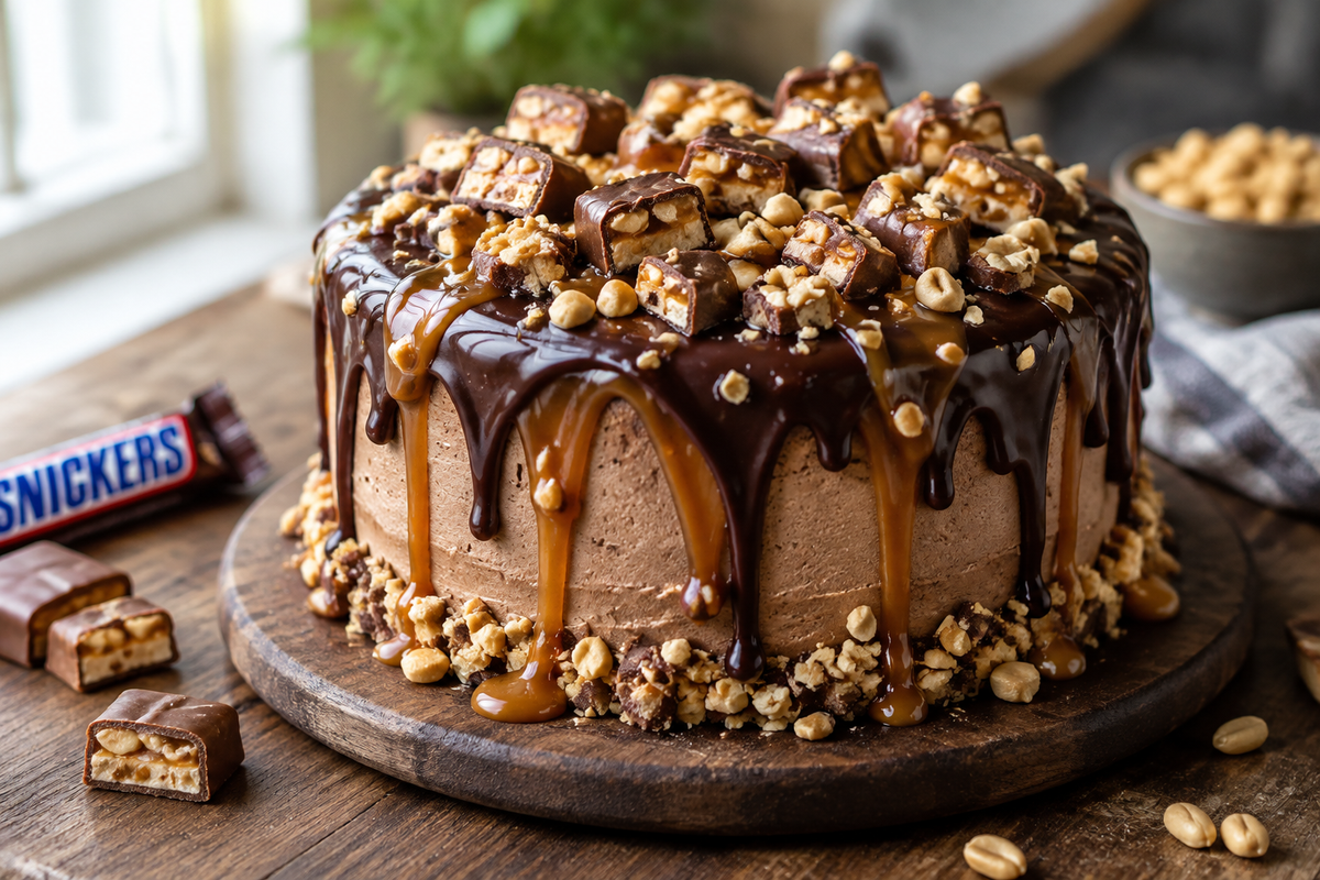 Snickers style cake topped with caramel, peanuts, and chocolate ganache, ready to serve
