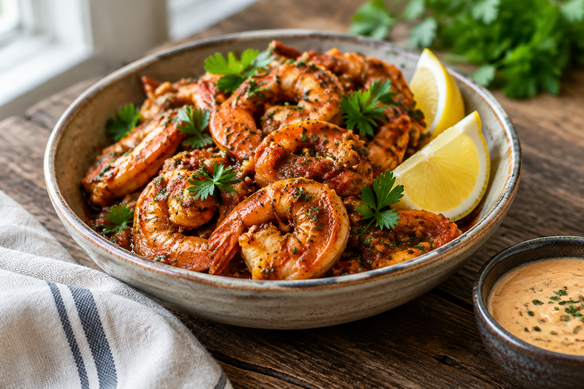 Delicious spicy voodoo shrimp served in a bowl garnished with parsley and lemon wedges
