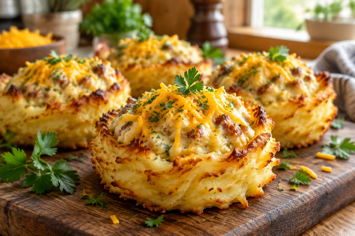 Golden crispy stuffed mashed potato nests with savory filling and fresh parsley garnish