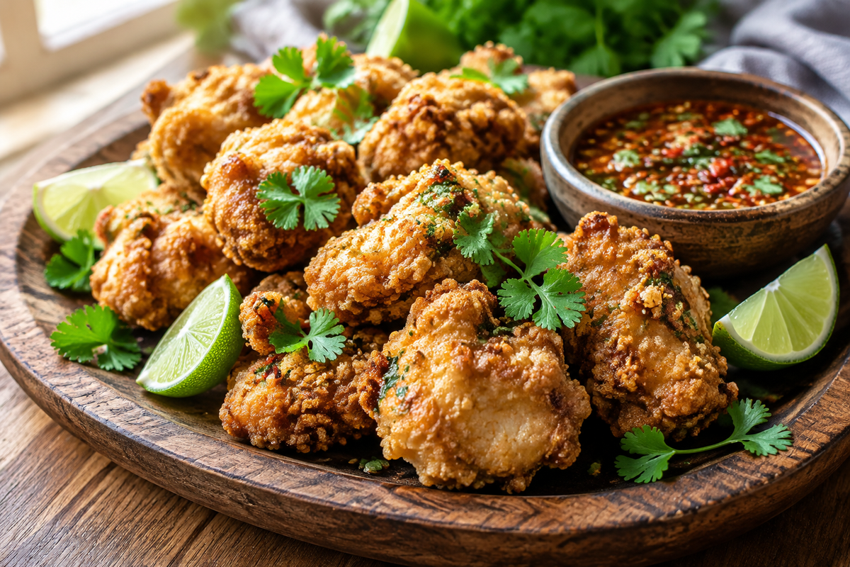 Crispy golden Thai chicken bites garnished with cilantro and lime wedges, served with spicy dipping sauce