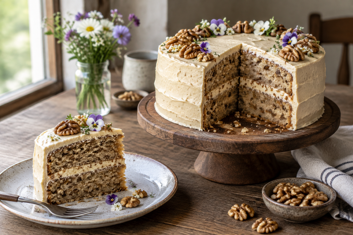 Moist walnut buttercream cake with creamy frosting and walnut garnish, perfect walnut buttercream cake