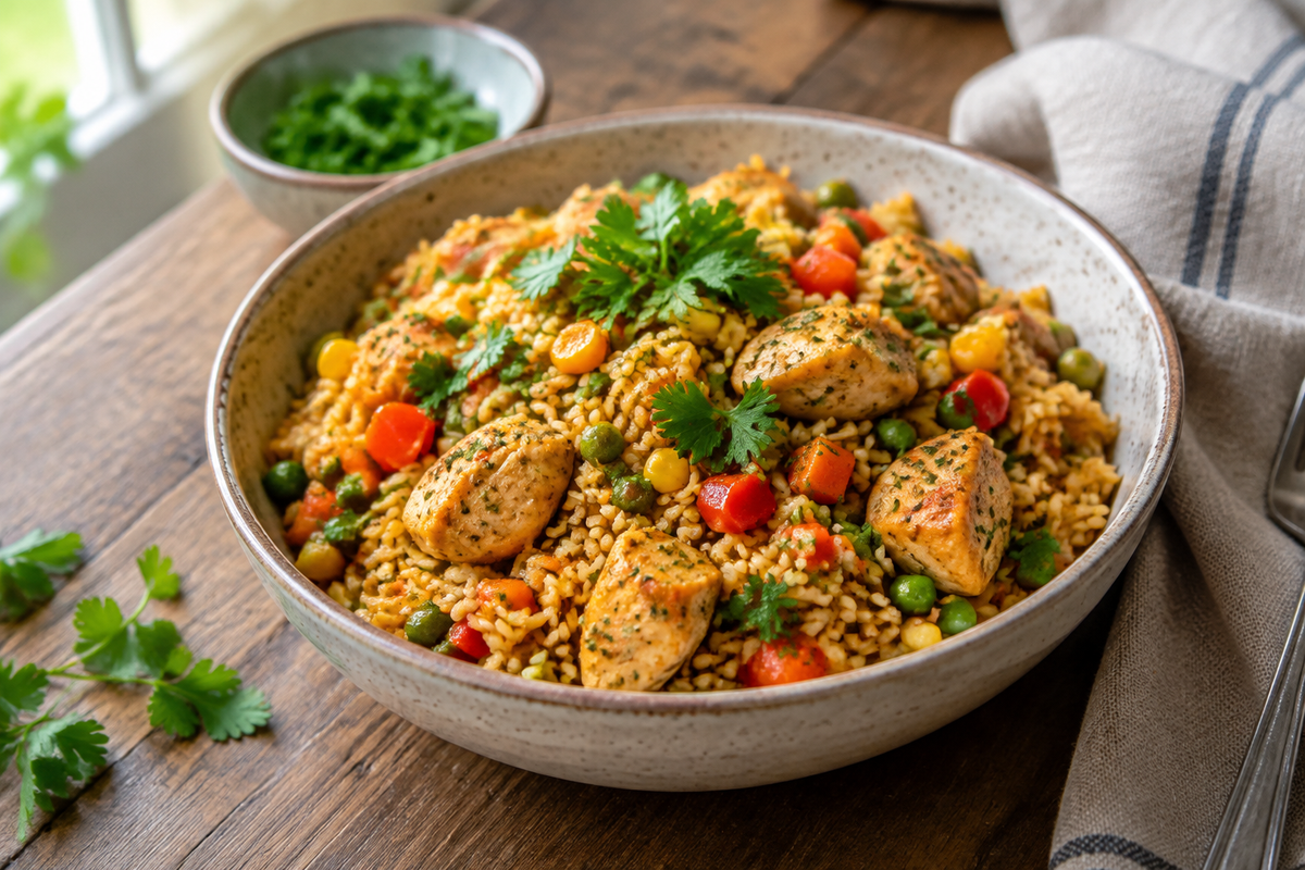 Deliciously affordable budget-friendly meals with seasoned rice, vegetables, and chicken garnished with fresh herbs